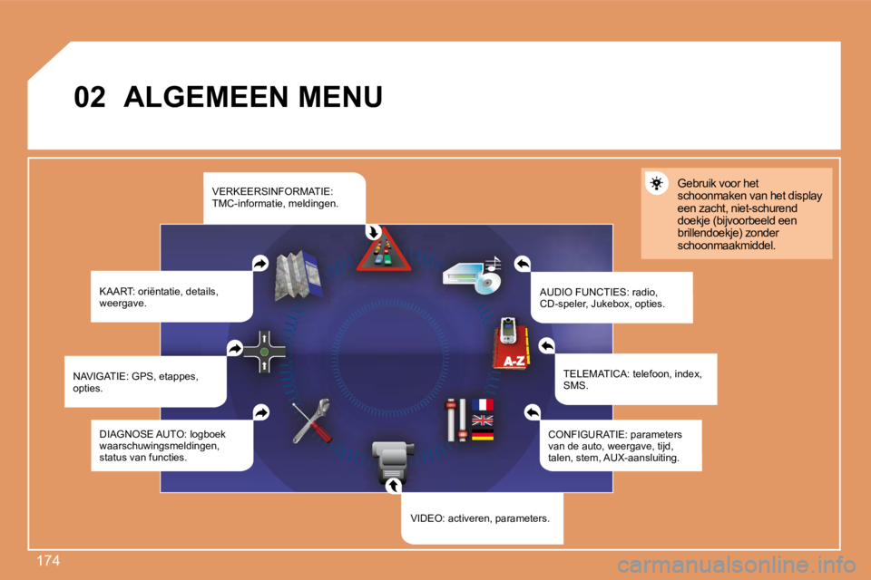 PEUGEOT 207 2008  Instructieboekje (in Dutch) 174
02       ALGEMEEN MENU 
 KAART: oriëntatie, details, weergave.  AUDIO FUNCTIES: radio, CD-speler, Jukebox, opties. 
 Gebruik voor het schoonmaken van het display een zacht, niet-schurend doekje (