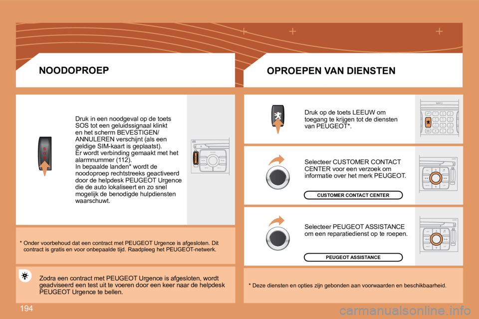 PEUGEOT 207 2008 Instructieboekje (in Dutch) 194
S
O
SS
O SSOURCE
MODE BAND TPT
A Y
DARK
2
abc
5
jkl
8
tuv 3
def
6
mno
9
wxyz
1 4
ghi
r
7
pq s
0 #
ESC
MENU LIST
ESC
MENU LIST
NOODOPROEP
Druk in een noodgeval op de toets SOS tot een geluidss PEUGEOT 207 2008 Instructieboekje (in Dutch) 194
S
O
SS
O SSOURCE
MODE BAND TPT
A Y
DARK
2
abc
5
jkl
8
tuv 3
def
6
mno
9
wxyz
1 4
ghi
r
7
pq s
0 #
ESC
MENU LIST
ESC
MENU LIST
NOODOPROEP
Druk in een noodgeval op de toets SOS tot een geluidss
