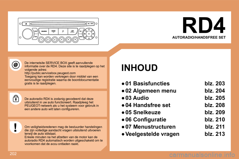 PEUGEOT 207 2008  Instructieboekje (in Dutch) 202
  RD4 
 AUTORADIO/HANDSFREE SET  
     INHOUD 
