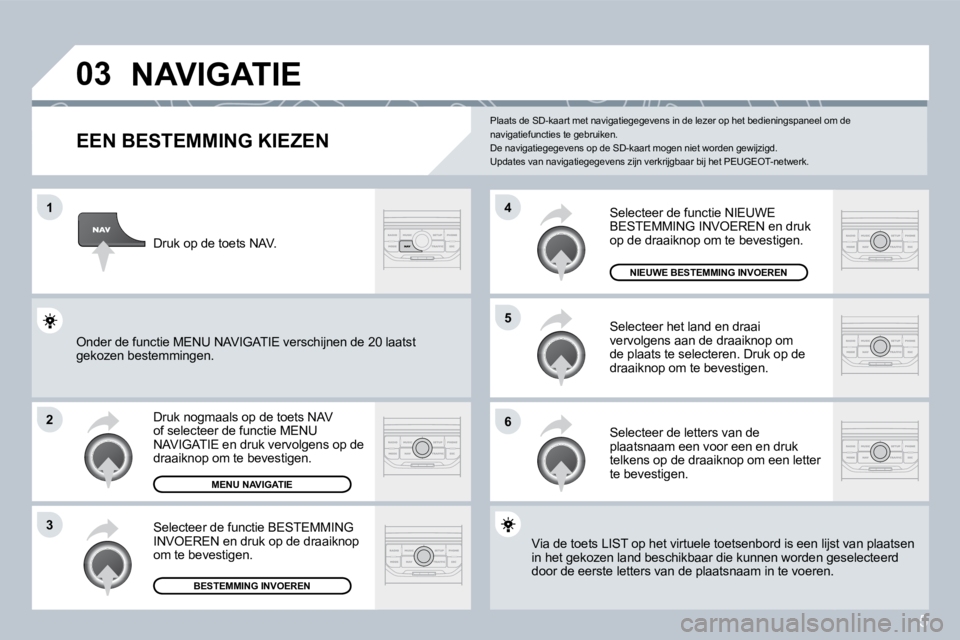 PEUGEOT 207 2008  Instructieboekje (in Dutch) 5
�0�3
�1
�2
�3
�6
�5
�4
� �N�A�V�I�G�A�T�I�E� 
� � �E�E�N� �B�E�S�T�E�M�M�I�N�G� �K�I�E�Z�E�N� 
 Druk nogmaals op de toets NAV of selecteer de functie MENU NAVIGATIE en druk vervolgens op de draaikno