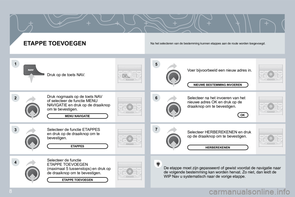 PEUGEOT 207 2008  Instructieboekje (in Dutch) 8
�5
�6
�7
�1
�2
�3
�4
� � �E�T�A�P�P�E� �T�O�E�V�O�E�G�E�N� 
 Voer bijvoorbeeld een nieuw adres in. 
 Selecteer na het invoeren van het nieuwe adres OK en druk op de draaiknop om te bevestigen. 
 Sel