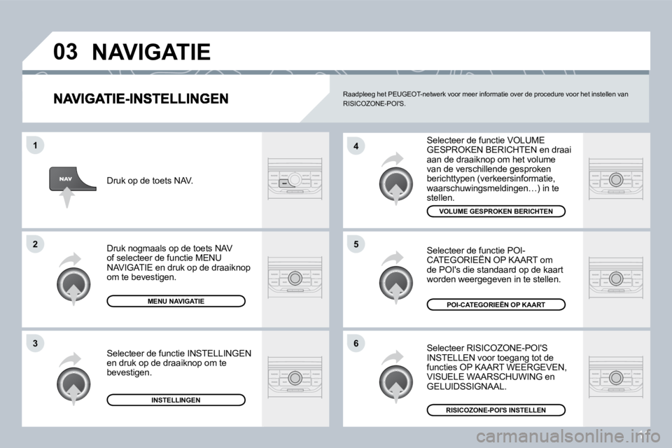 PEUGEOT 207 2008  Instructieboekje (in Dutch) 11
�0�3
�6
�4
�5
�1
�2
�3
 Selecteer de functie VOLUME GESPROKEN BERICHTEN en draai aan de draaiknop om het volume van de verschillende gesproken berichttypen (verkeersinformatie, waarschuwingsmelding