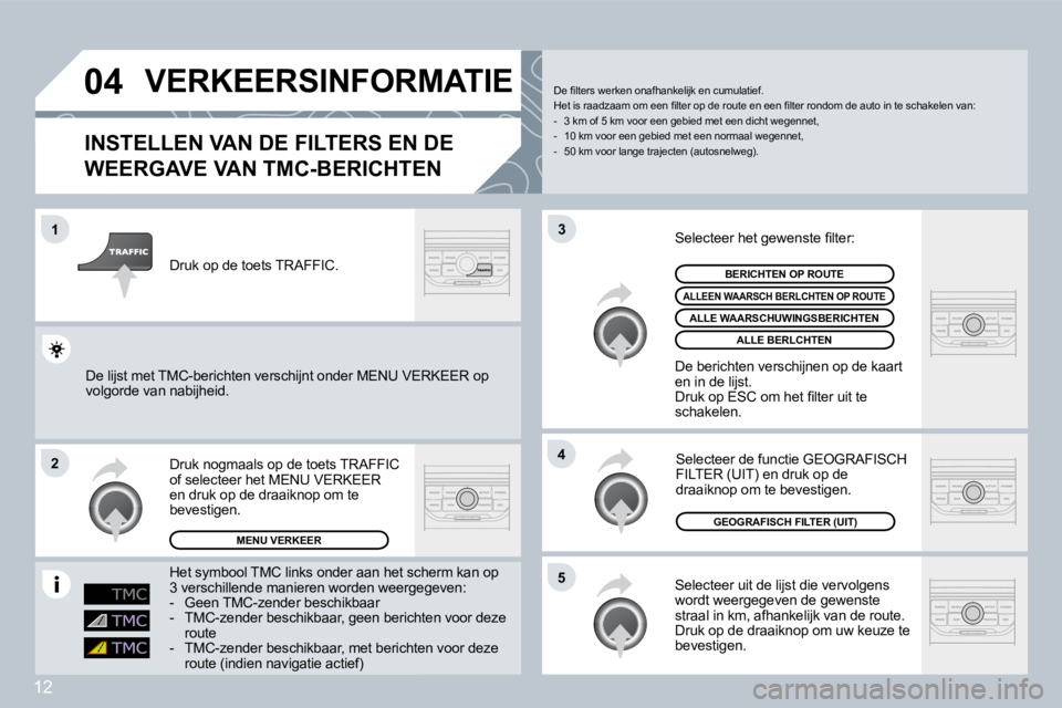 PEUGEOT 207 2008  Instructieboekje (in Dutch) 12
�0�4
�1
�2
�5
�4
�3
� �V�E�R�K�E�E�R�S�I�N�F�O�R�M�A�T�I�E� 
� � �I�N�S�T�E�L�L�E�N� �V�A�N� �D�E� �F�I�L�T�E�R�S� �E�N� �D�E� 
�W�E�E�R�G�A�V�E� �V�A�N� �T�M�C�-�B�E�R�I�C�H�T�E�N� 
 Selecteer uit