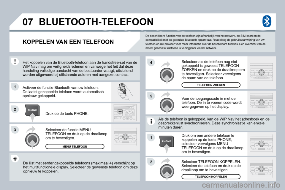 PEUGEOT 207 2008  Instructieboekje (in Dutch) 17
�0�7
�1
�3
�5
�4
�2
�1
�2
 De beschikbare functies van de telefoon zijn afhankelijk van het netwerk, de SIM-kaart en de compatibiliteit met de gebruikte Bluetooth-apparatu ur. Raadpleeg de gebruiks