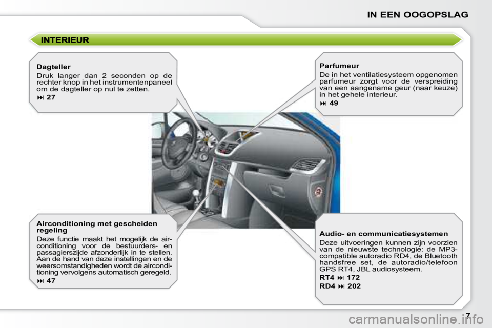 PEUGEOT 207 2008  Instructieboekje (in Dutch) IN EEN OOGOPSLAG
  Airconditioning met gescheiden  
regeling  
 Deze  functie  maakt  het  mogelijk  de  air- 
conditioning  voor  de  bestuurders-  en 
passagierszijde  afzonderlijk  in  te  stellen.