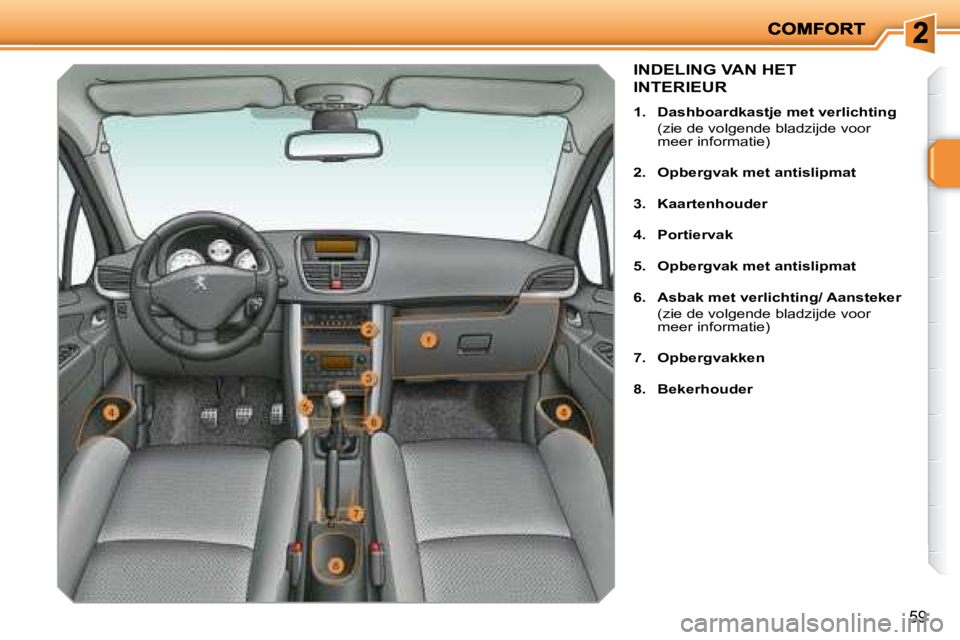 PEUGEOT 207 2008  Instructieboekje (in Dutch) 59
             INDELING VAN HET 
INTERIEUR 
   
1.     Dashboardkastje met verlichting     
  (zie de volgende bladzijde voor  meer informatie) 
  
2.     Opbergvak met antislipmat   
  
3.     Kaart
