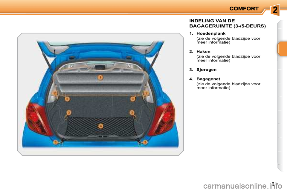 PEUGEOT 207 2008  Instructieboekje (in Dutch) 61
       INDELING VAN DE 
BAGAGERUIMTE (3-/5-DEURS) 
   
1.     Hoedenplank     
  (zie de volgende bladzijde voor  meer informatie) 
  
2.     Haken     
  (zie de volgende bladzijde voor  meer info