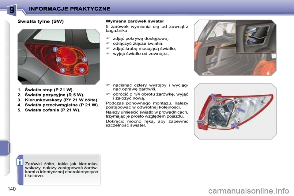 PEUGEOT 207 2008  Instrukcja obsługi (in Polish) i
�1�4�0
� � :�w�i�a�t�ł�a� �t�y�l�n�e� �(�S�W�)�  
   
1.     :�w�i�a�t�ł�a� �s�t�o�p� �(�P� �2�1� �W�)�.   
  
2.     :�w�i�a�t�ł�a� �p�o�z�y�c�y�j�n�e� �(�R� �5� �W�)�.   
  
3.     �K�i�e�r�