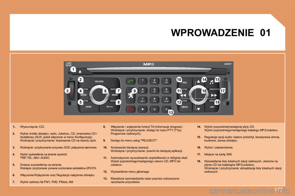 PEUGEOT 207 2008  Instrukcja obsługi (in Polish) 173
S
O S
SOURCE
MODE BAND ESC
2
abc
5
jkl
8
tuv 3
def
6
mno
9
wxyz
1 4
ghi
7
pqrs
0 # MENU LIST
TA 
PTY
DARK
22
11
55
3344
88
99
10101515
1111�1�7�1�7
18181212
1616
1414
�7�766
1313
01
   
1. � �  �W
