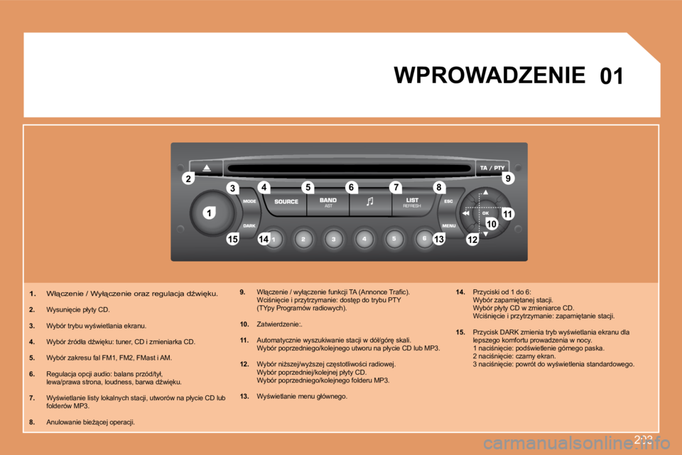 PEUGEOT 207 2008  Instrukcja obsługi (in Polish) 203
1
22
10101111
131314141515
33445566�7�78899
1212
01� �W�P�R�O�W�A�D�Z�E�N�I�E
   
1.    �W�ł"�c�z�e�n�i�e� �/� �W�y�ł"�c�z�e�n�i�e� �o�r�a�z� �r�e�g�u�l�a�c�j�a� �dE�w�i
�k�u�.� 
2.�