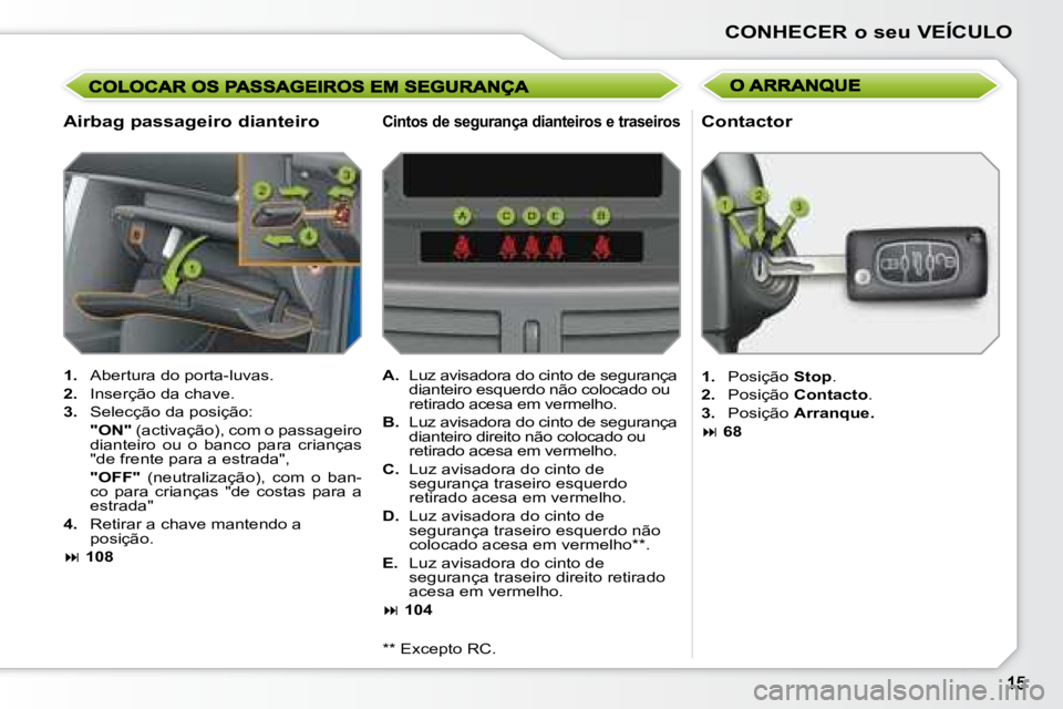 PEUGEOT 207 2008 Manual de utilização (in Portuguese) CONHECER o seu VEÍCULO
Airbag passageiro dianteiro
1. Abertura do porta-luvas.
2. Inserção da chave.
3. Selecção da posição:
"ON" (activação), com o passageiro PEUGEOT 207 2008 Manual de utilização (in Portuguese) CONHECER o seu VEÍCULO
Airbag passageiro dianteiro
1. Abertura do porta-luvas.
2. Inserção da chave.
3. Selecção da posição:
"ON" (activação), com o passageiro