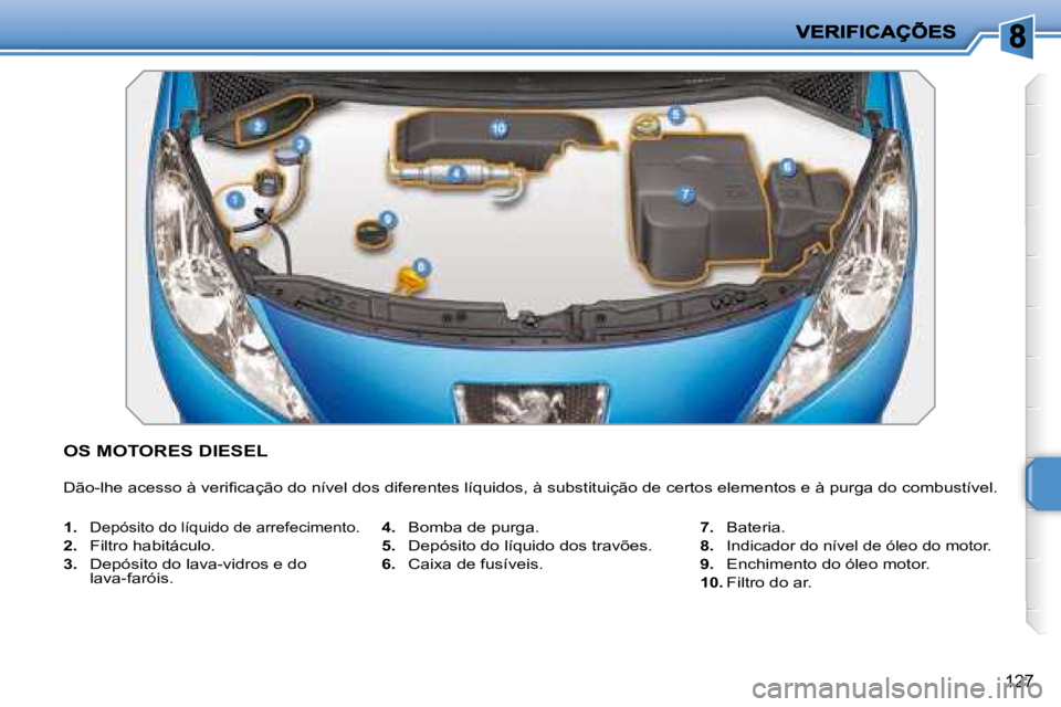 PEUGEOT 207 2008  Manual de utilização (in Portuguese) 127
           OS MOTORES DIESEL 
� �D�ã�o�-�l�h�e� �a�c�e�s�s�o� �à� �v�e�r�i�ﬁ� �c�a�ç�ã�o� �d�o� �n�í�v�e�l� �d�o�s� �d�i�f�e�r�e�n�t�e�s� �l�í�q�u�i�d�o�s�,� �à� �s�u�b�s�t�i�t�u�i�ç�ã�