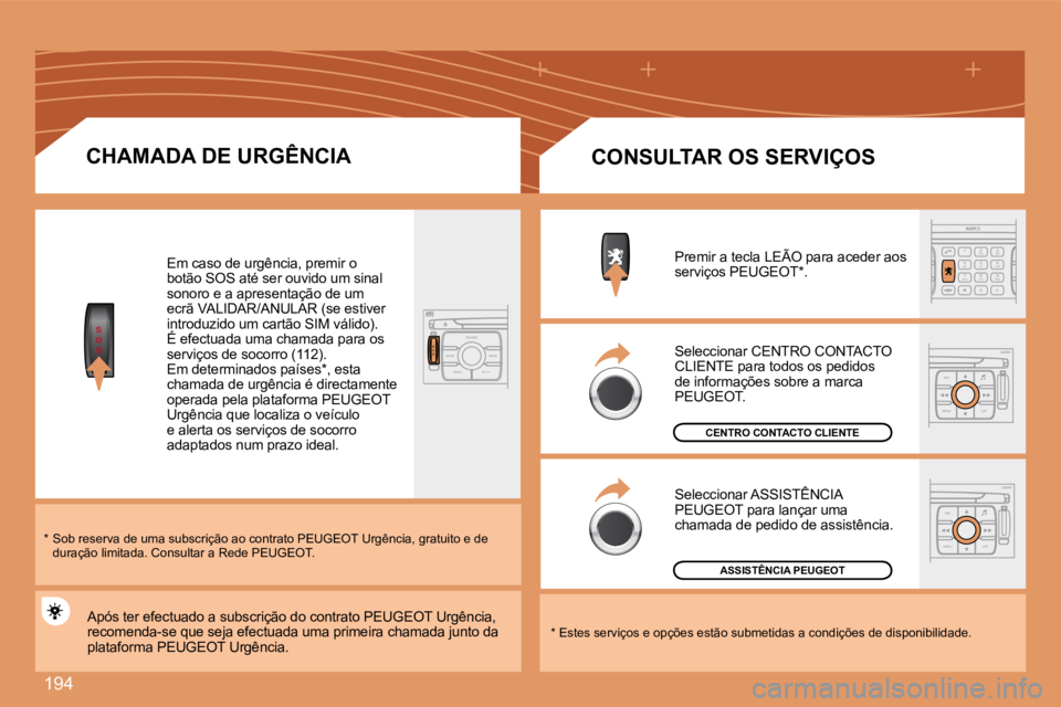 PEUGEOT 207 2008  Manual de utilização (in Portuguese) 194
S
O
SS
O SSOURCE
MODE BAND TPT
A  Y
DARK
2
abc
5
jkl
8
tuv 3
def
6
mno
9
wxyz
1 4
ghi
r
7
pq s
0 #
ESC
MENU LIST
ESC
MENU LIST
  CHAMADA DE URGÊNCIA 
 Em caso de urgência, premir o botão SOS at