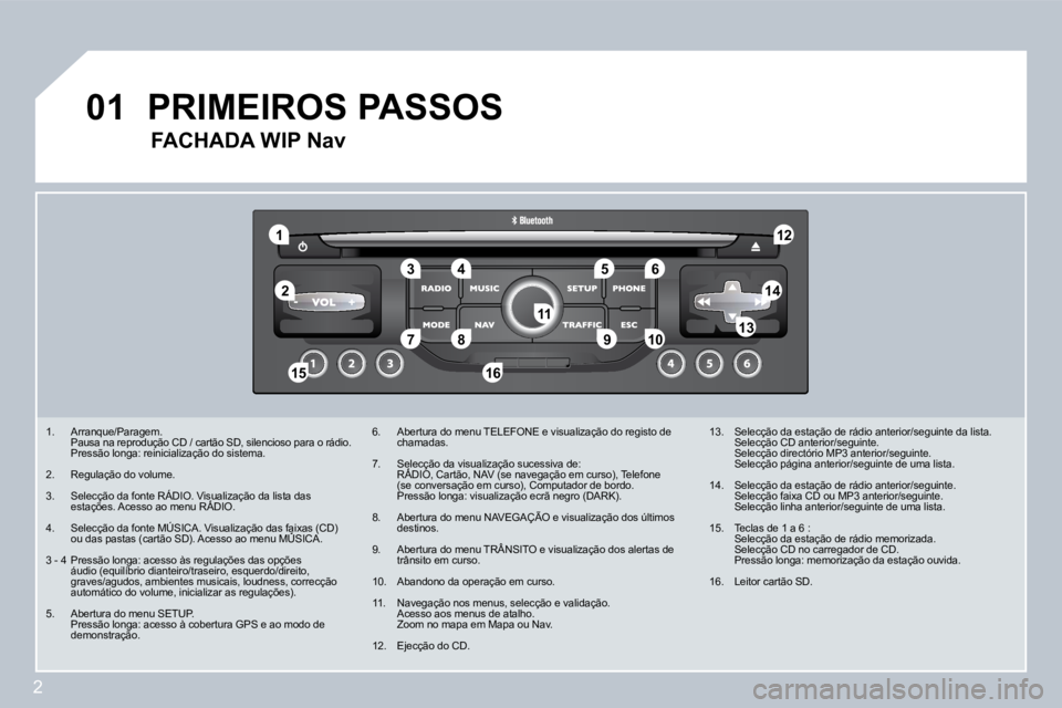 PEUGEOT 207 2008  Manual de utilização (in Portuguese) 2
1
�5
10
01
2
�3�4�6
�1�4
12
�9
�1�5�1�6
�7�8�1�311
   1.   Arranque/Paragem.    Pausa na reprodução CD / cartão SD, silencioso par
a o rádio.    Pressão longa: reinicialização do sistema. 
  