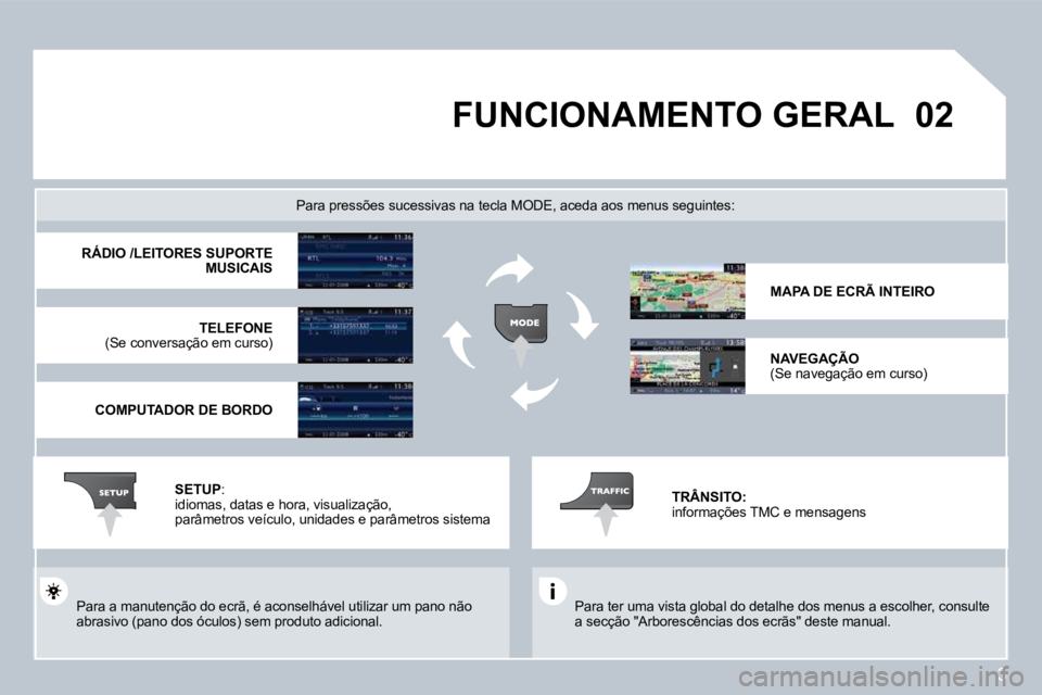 PEUGEOT 207 2008  Manual de utilização (in Portuguese) 3
02 FUNCIONAMENTO GERAL 
 Para ter uma vista global do detalhe dos menus a escolher, consulte a secção "Arborescências dos ecrãs" deste manual.  
  Para pressões sucessivas na tecla MODE, aceda 