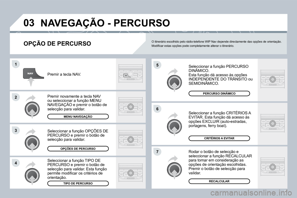 PEUGEOT 207 2008  Manual de utilização (in Portuguese) 7
�0�3
�5
�6
�7
1
2
�3
�4
 NAVEGAÇÃO - PERCURSO 
  OPÇÃO DE PERCURSO 
 Seleccionar a função PERCURSO DINÂMICO.  Seleccionar a Selecc
 Esta função dá acesso às opções INDEPENDENTE DO TRÂN