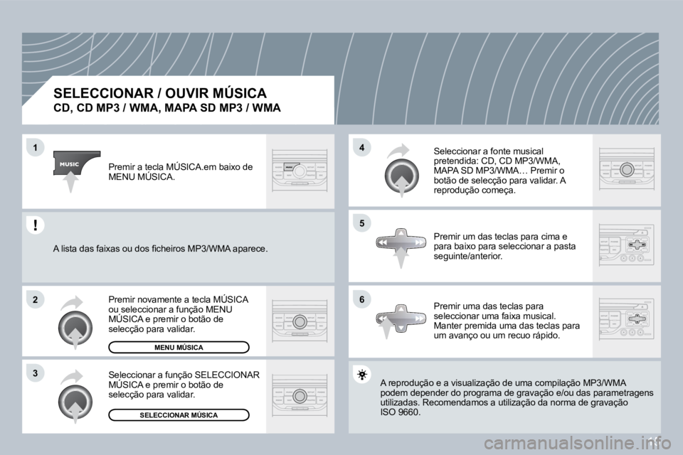 PEUGEOT 207 2008  Manual de utilização (in Portuguese) 15
1
2
�3
�5
�4
�6
  SELECCIONAR / OUVIR MÚSICA  
�C�D�,� �C�D� �M�P�3� �/� �W�M�A�,� �M�A�P�A� �S�D� �M�P�3� �/� �W�M�A� 
 A reprodução e a visualização de uma compilação MP3o MP3/WMA podem de