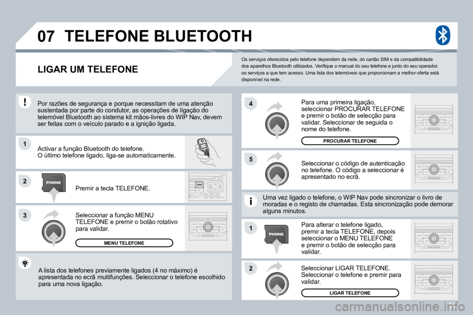 PEUGEOT 207 2008  Manual de utilização (in Portuguese) 17
�0�7
1
�3
�5
�4
2
1
2
 Os serviços oferecidos pelo telefone dependem da rede, do cartão SIM e da compatibilidade �d�o�s� �a�p�a�r�e�l�h�o�s� �B�l�u�e�t�o�o�t�h� �u�t�i�l�i�z�a�d�o�s�.� �V�e�r�i�