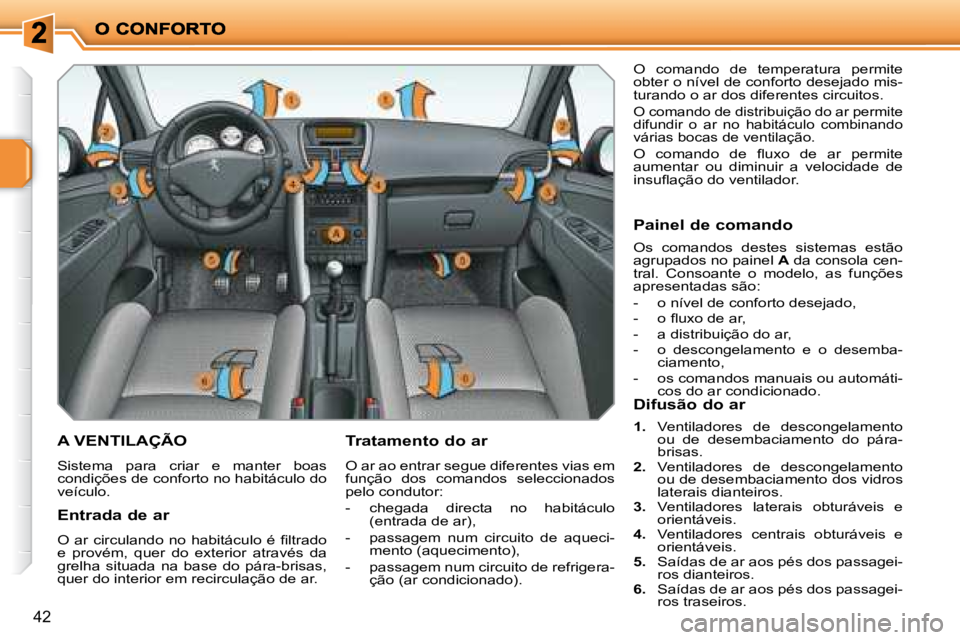 PEUGEOT 207 2008  Manual de utilização (in Portuguese) 42
       A VENTILAÇÃO 
 Sistema  para  criar  e  manter  boas  
condições de conforto no habitáculo do 
veículo. 
  Tratamento do ar 
 O ar ao entrar segue diferentes vias em 
função  dos  co