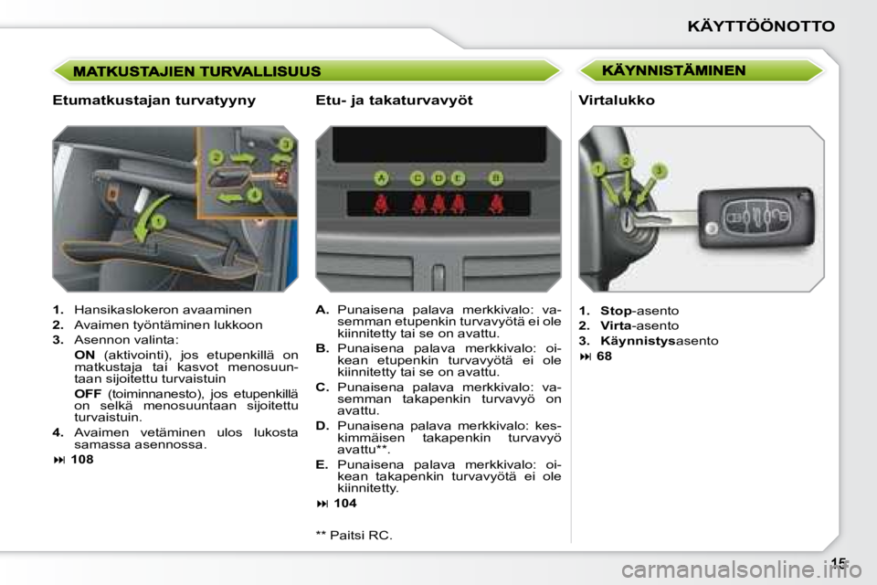 PEUGEOT 207 2008  Omistajan Käsikirja (in Finnish) KÄYTTÖÖNOTTO
  Etumatkustajan turvatyyny 
   
1.    Hansikaslokeron avaaminen 
  
2.    Avaimen työntäminen lukkoon 
  
3.    Asennon valinta:  
    ON   (aktivointi),  jos  etupenkillä  on 
mat