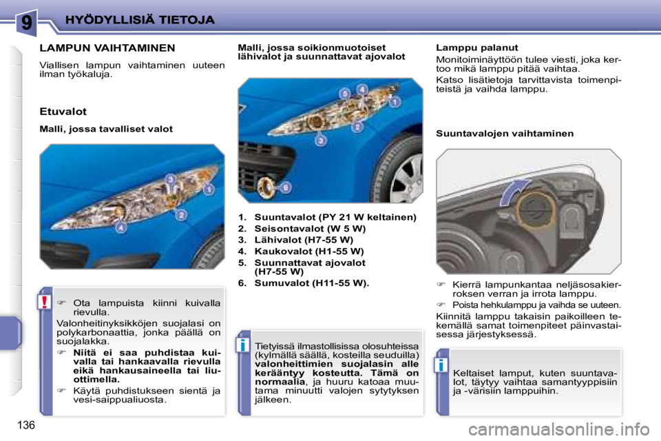 PEUGEOT 207 2008  Omistajan Käsikirja (in Finnish) !
i
i
136
                       LAMPUN VAIHTAMINEN 
 Viallisen  lampun  vaihtaminen  uuteen  
ilman työkaluja.    
1.     Suuntavalot (PY 21 W keltainen)   
  
2.     Seisontavalot (W 5 W)   
  
3. 