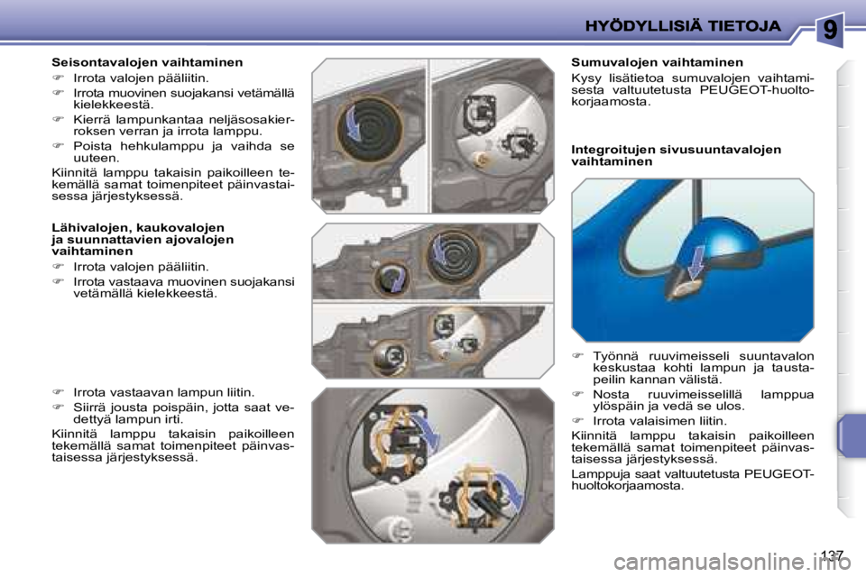 PEUGEOT 207 2008  Omistajan Käsikirja (in Finnish) 137
  Seisontavalojen vaihtaminen  
   
�    Irrota valojen pääliitin. 
  
�    Irrota muovinen suojakansi vetämällä 
kielekkeestä. 
  
�    Kierrä  lampunkantaa  neljäsosakier-
rokse