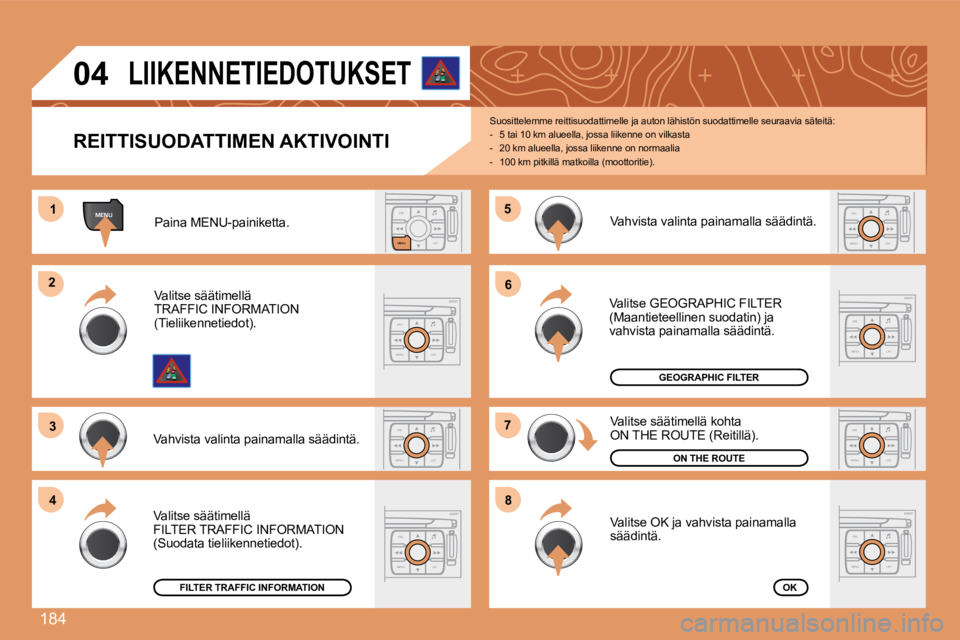 PEUGEOT 207 2008  Omistajan Käsikirja (in Finnish) 184
ESCLIST
MENU
MENU11
ESC
MENU LIST
22
33
ESC
MENU LIST
44
55
ESC
MENU LIST
66
77
ESC
MENU LIST
88
ESC
MENU LISTESC
MENU LIST
ESC
MENU LIST
04
  REITTISUODATTIMEN AKTIVOINTI 
 Suosittelemme reittisu