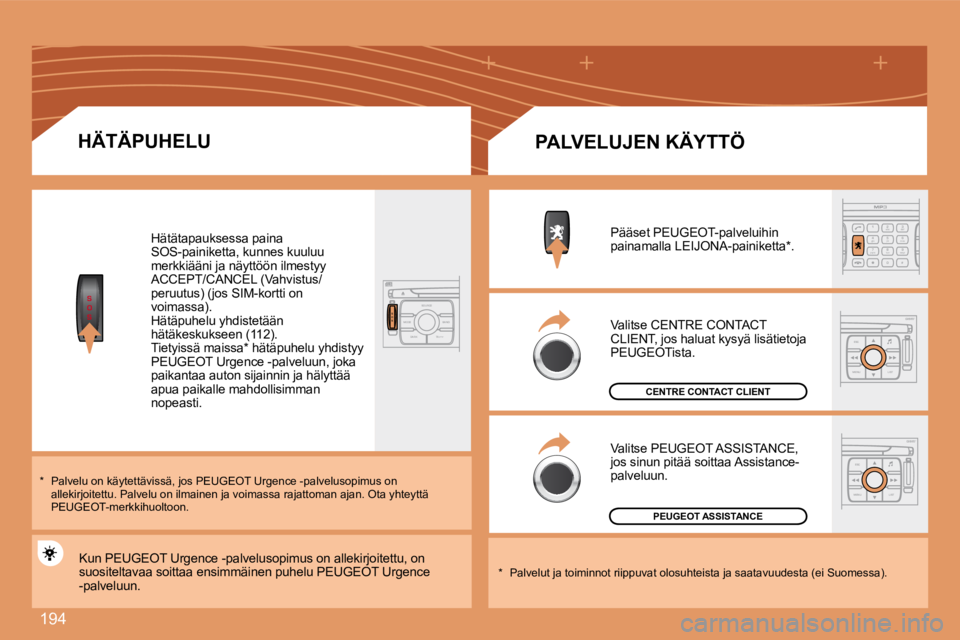PEUGEOT 207 2008 Omistajan Käsikirja (in Finnish) 194
S
O
SS
O SSOURCE
MODE BAND TPT
A Y
DARK
2
abc
5
jkl
8
tuv 3
def
6
mno
9
wxyz
1 4
ghi
r
7
pq s
0 #
ESC
MENU LIST
ESC
MENU LIST
HÄTÄPUHELU
Hätätapauksessa paina SOS-painiketta, kunnes kuulu PEUGEOT 207 2008 Omistajan Käsikirja (in Finnish) 194
S
O
SS
O SSOURCE
MODE BAND TPT
A Y
DARK
2
abc
5
jkl
8
tuv 3
def
6
mno
9
wxyz
1 4
ghi
r
7
pq s
0 #
ESC
MENU LIST
ESC
MENU LIST
HÄTÄPUHELU
Hätätapauksessa paina SOS-painiketta, kunnes kuulu