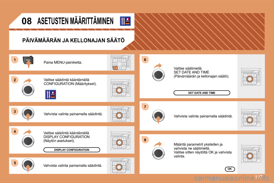 PEUGEOT 207 2008 Omistajan Käsikirja (in Finnish) 197
ESCLIST
MENU
ESC
MENU LIST
ESC
MENU LIST
ESC
MENU LIST
ESC
MENU LIST
MENU
ESC
MENU LIST
ESC
MENU LIST
11
22
33
44
55
66
77
88
ESC
MENU LIST
08 ASETUSTEN MÄÄRITTÄMINEN
PÄIVÄMÄÄRÄN PEUGEOT 207 2008 Omistajan Käsikirja (in Finnish) 197
ESCLIST
MENU
ESC
MENU LIST
ESC
MENU LIST
ESC
MENU LIST
ESC
MENU LIST
MENU
ESC
MENU LIST
ESC
MENU LIST
11
22
33
44
55
66
77
88
ESC
MENU LIST
08 ASETUSTEN MÄÄRITTÄMINEN
PÄIVÄMÄÄRÄN