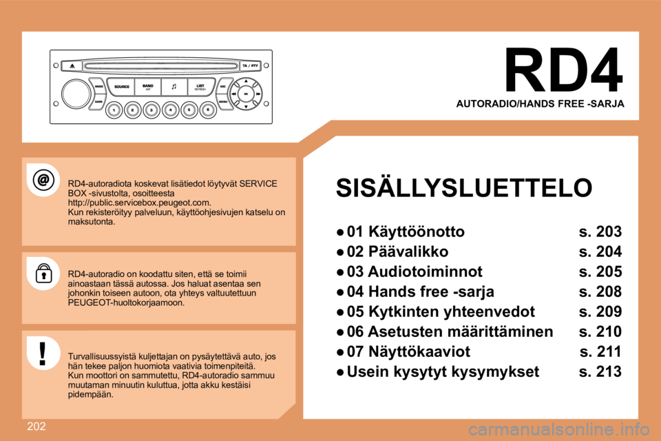PEUGEOT 207 2008  Omistajan Käsikirja (in Finnish) 202
  RD4 
 AUTORADIO/HANDS FREE -SARJA  
     SISÄLLYSLUETTELO 
