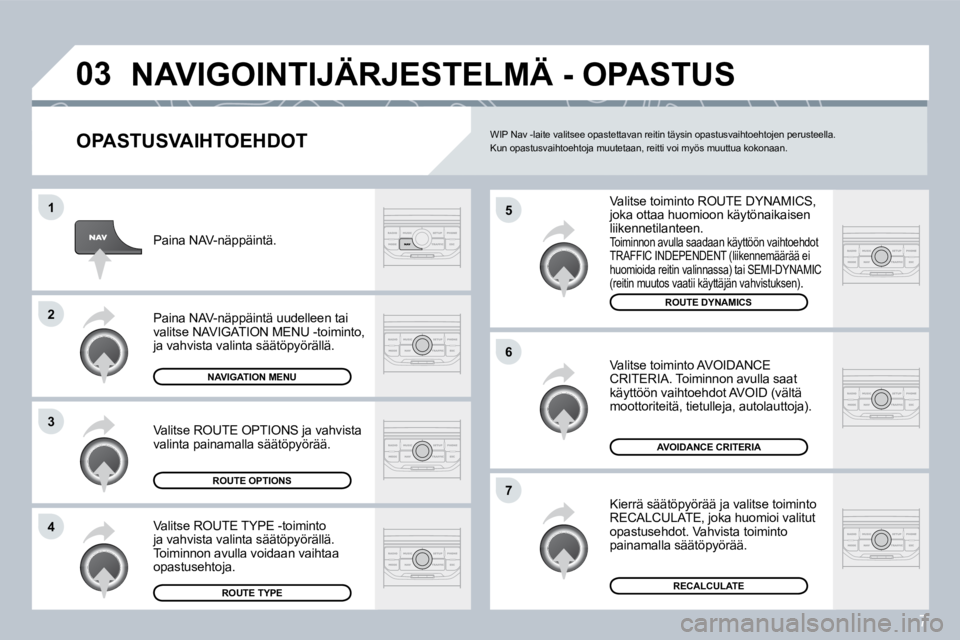 PEUGEOT 207 2008  Omistajan Käsikirja (in Finnish) 7
�0�3
�5
�6
�7
�1
�2
�3
�4
 NAVIGOINTIJÄRJESTELMÄ - OPASTUS 
  OPASTUSVAIHTOEHDOT
 Valitse toiminto ROUTE DYNAMICS, joka ottaa huomioon käytönaikaisen liikennetilanteen.  Toiminnon avulla saadaan