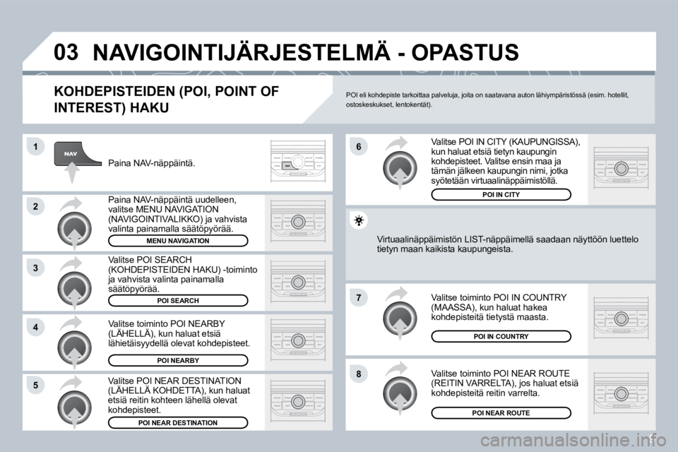 PEUGEOT 207 2008  Omistajan Käsikirja (in Finnish) 9
�0�3
�1
�2
�3
�4
�7
�8�5
�6
 NAVIGOINTIJÄRJESTELMÄ - OPASTUS 
� � �K�O�H�D�E�P�I�S�T�E�I�D�E�N� �(�P�O�I�,� �P�O�I�N�T� �O�F� 
�I�N�T�E�R�E�S�T�)� �H�A�K�U� 
 Paina NAV-näppäintä. 
 Paina NAV-n