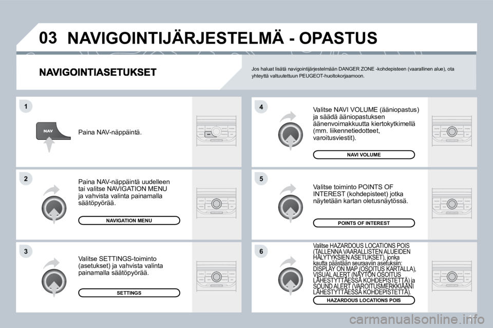 PEUGEOT 207 2008  Omistajan Käsikirja (in Finnish) 11
�0�3
�6
�4
�5
�1
�2
�3
 Valitse NAVI VOLUME (ääniopastus) ja säädä ääniopastuksen äänenvoimakkuutta kiertokytkimellä (mm. liikennetiedotteet, varoitusviestit). 
 Valitse HAZARDOUS LOCATIO