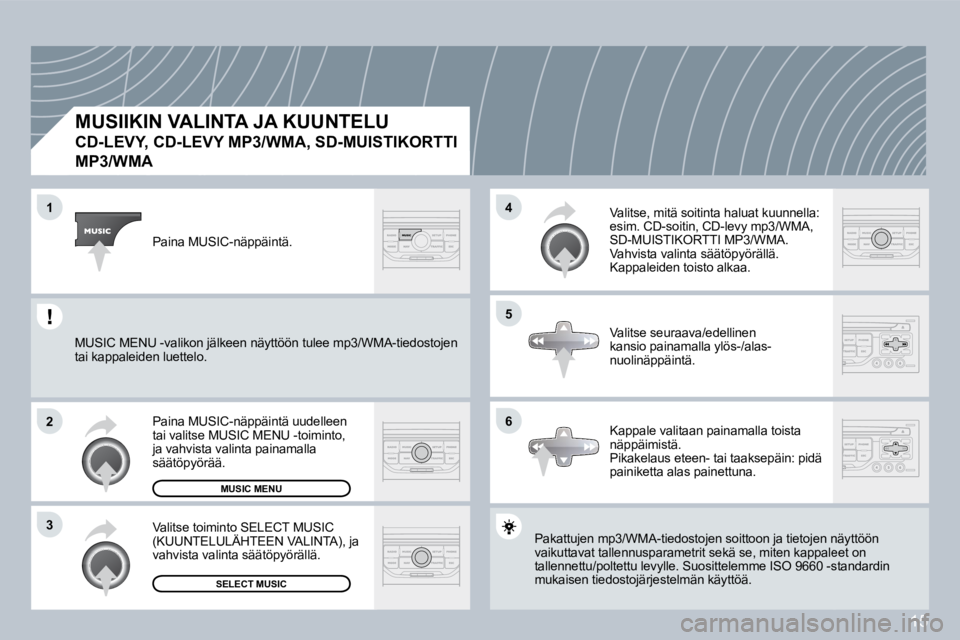 PEUGEOT 207 2008  Omistajan Käsikirja (in Finnish) 15
�1
�2
�3
�5
�4
�6
  MUSIIKIN VALINTA JA KUUNTELU  
�C�D�-�L�E�V�Y�,� �C�D�-�L�E�V�Y� �M�P�3�/�W�M�A�,� �S�D�-�M�U�I�S�T�I�K�O�R�T�T�I� 
�M�P�3�/�W�M�A� 
 Pakattujen mp3/WMA-tiedostojen soittoon ja 