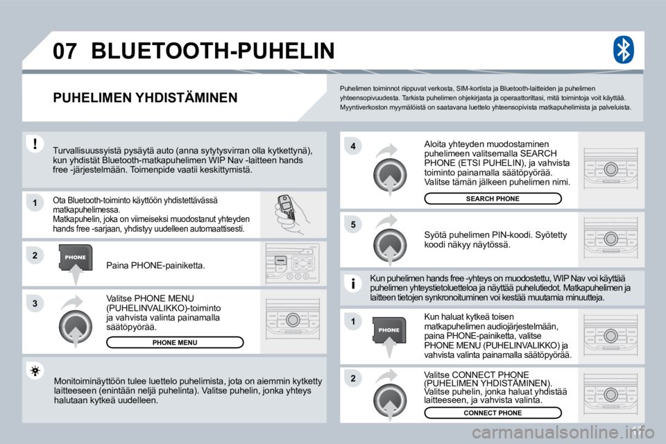 PEUGEOT 207 2008  Omistajan Käsikirja (in Finnish) 17
�0�7
�1
�3
�5
�4
�2
�1
�2
 Puhelimen toiminnot riippuvat verkosta, SIM-kortista ja Bluetooth-laitteiden ja puhelimen yhteensopivuudesta. Tarkista puhelimen ohjekirjasta  ja operaattoriltasi, mitä 