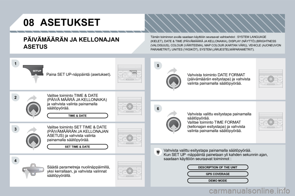 PEUGEOT 207 2008  Omistajan Käsikirja (in Finnish) 19
�0�8
�5
�6
�1
�2
�3
�4
 ASETUKSET 
  PÄIVÄMÄÄRÄN JA KELLONAJAN 
ASETUS 
 Tämän toiminnon avulla saadaan käyttöön seuraavat vaihtoehdot : SYSTEM LANGUAGE (KIELET), DATE & TIME (PÄIVÄMÄ