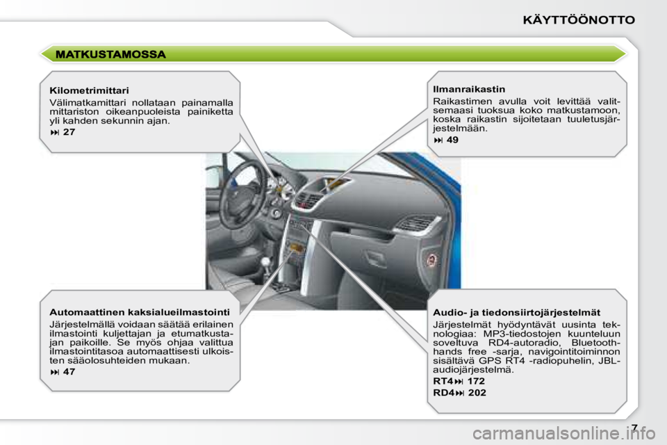 PEUGEOT 207 2008  Omistajan Käsikirja (in Finnish) KÄYTTÖÖNOTTO
  Automaattinen kaksialueilmastointi  
 Järjestelmällä voidaan säätää erilainen  
ilmastointi  kuljettajan  ja  etumatkusta-
jan  paikoille.  Se  myös  ohjaa  valittua 
ilmasto