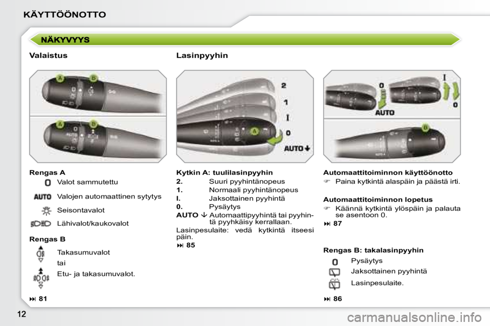 PEUGEOT 207 2008  Omistajan Käsikirja (in Finnish) KÄYTTÖÖNOTTO
  Valaistus  
  Rengas A   Automaattitoiminnon käyttöönotto  
   
�    Paina kytkintä alaspäin ja päästä irti.   
  Rengas B    Kytkin A: tuulilasinpyyhin 
  
2.    Suuri py