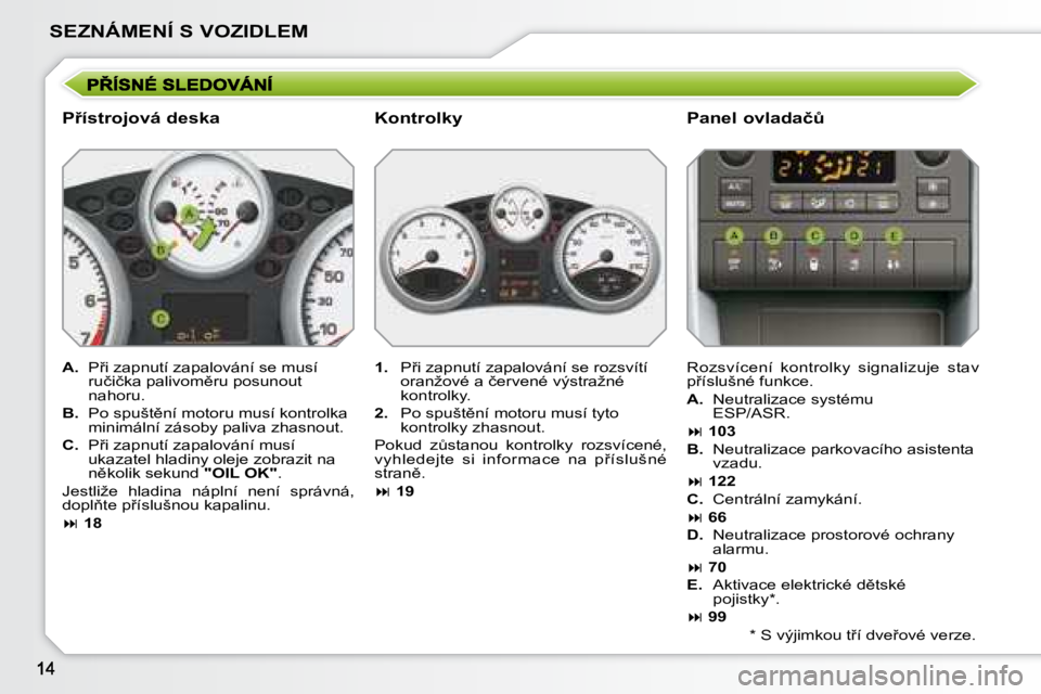 PEUGEOT 207 2008  Návod na použití (in Czech) SEZNÁMENÍ S VOZIDLEM
� � �P9�í�s�t�r�o�j�o�v�á� �d�e�s�k�a� � � �P�a�n�e�l� �o�v�l�a�d�a�čA� 
   
A. � �  �P9�i� �z�a�p�n�u�t�í� �z�a�p�a�l�o�v�á�n�í� �s�e� �m�u�s�í� 
�r�u�č�i�č�k�a� �p