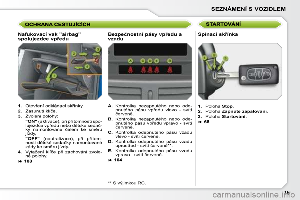 PEUGEOT 207 2008  Návod na použití (in Czech) SEZNÁMENÍ S VOZIDLEM
� � �N�a�f�u�k�o�v�a�c�í� �v�a�k� �"�a�i�r�b�a�g�"�  
�s�p�o�l�u�j�e�z�d�c�e� �v�p9�e�d�u� 
   
1. � �  �O�t�e�v9�e�n�í� �o�d�k�l�á�d�a�c�í� �s�k9�í�n�k�y�.� 
  