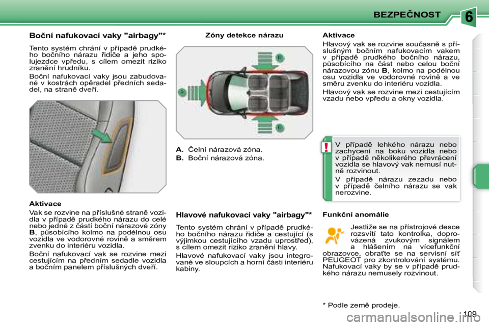 PEUGEOT 207 2008  Návod na použití (in Czech) !
�B�E�Z�P�E�Č�N�O�S�T
�1�0�9
� � �B�o�č�n�í� �n�a�f�u�k�o�v�a�c�í� �v�a�k�y� �"�a�i�r�b�a�g�y�"� �*� �  
� �T�e�n�t�o�  �s�y�s�t�é�m�  �c�h�r�á�n�í�  �v�  �p9�í�p�a�d)�  �p�r�u�d�k�