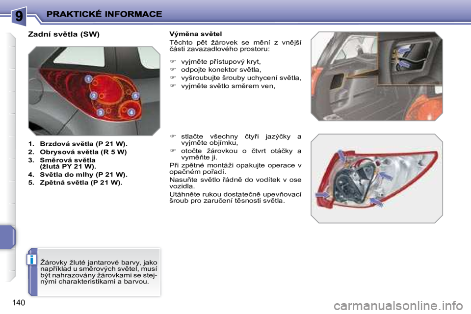 PEUGEOT 207 2008  Návod na použití (in Czech) i
�1�4�0
� � �Z�a�d�n�í� �s�v)�t�l�a� �(�S�W�)�  
   
1.     �B�r�z�d�o�v�á� �s�v)�t�l�a� �(�P� �2�1� �W�)�.   
  
2.     �O�b�r�y�s�o�v�á� �s�v)�t�l�a� �(�R� �5� �W�)   
  
3.     �S�m)�r�o�v�