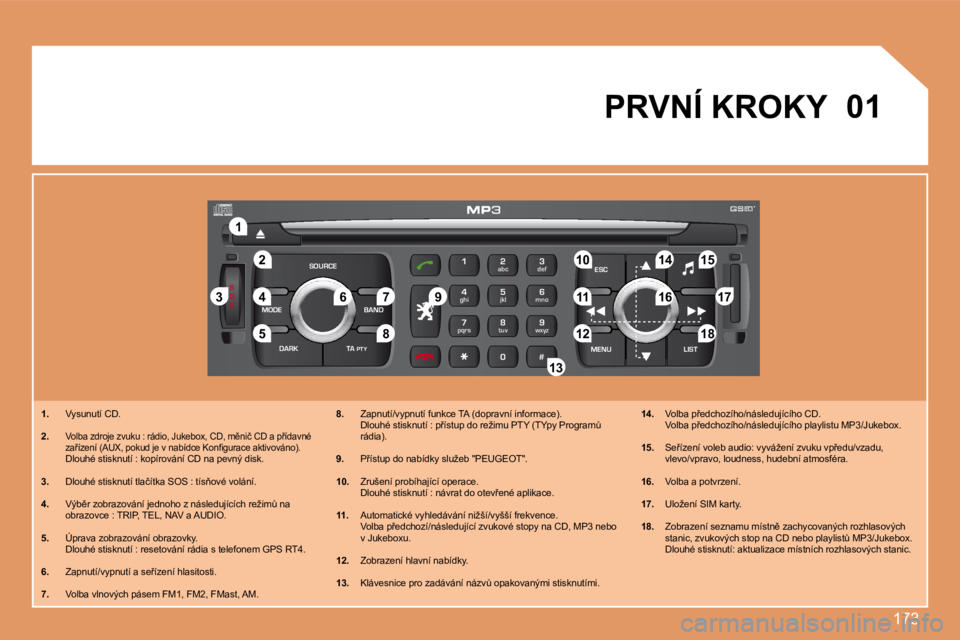 PEUGEOT 207 2008  Návod na použití (in Czech) �1�7�3
S
O S
SOURCE
MODE BAND ESC
2
abc
5
jkl
8
tuv 3
def
6
mno
9
wxyz
1 4
ghi
7
pqrs
0 # MENU LIST
TA 
PTY
DARK
22
11
55
3344
88
99
10101515
11111717
18181212
1616
1414
7766
1313
01
1.� �  �V�y�s�u�n