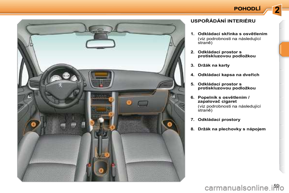 PEUGEOT 207 2008  Návod na použití (in Czech) �5�9
� � � � � � � � � � � � � �U�S�P�O8�Á�D�Á�N�Í� �I�N�T�E�R�I�É�R�U� 
   
1.     �O�d�k�l�á�d�a�c�í� �s�k9�í�n�k�a� �s� �o�s�v)�t�l�e�n�í�m     
�  �(�v�i�z� �p�o�d�r�o�b�n�o�s�t�i� �n�a