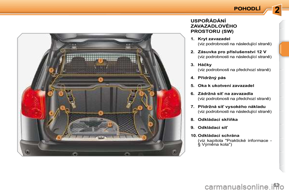 PEUGEOT 207 2008  Návod na použití (in Czech) 63
� � � � � � � � � � � � � �U�S�P�O8�Á�D�Á�N�Í� 
ZAVAZADLOVÉHO 
�P�R�O�S�T�O�R�U� �(�S�W�)� 
   
1.     �K�r�y�t� �z�a�v�a�z�a�d�e�l     
 
�(�v�i�z� �p�o�d�r�o�b�n�o�s�t�i� �n�a� �n�á�s�l�e�d