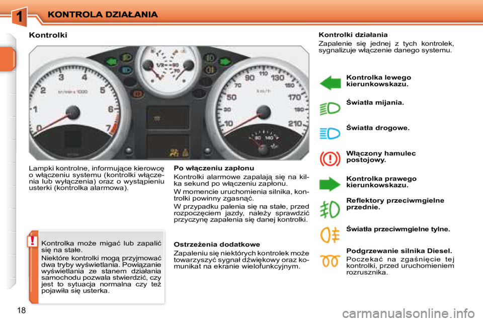 PEUGEOT 207 2007.5  Instrukcja obsługi (in Polish) !
18
� �K�o�n�t�r�o�l�k�a�  �m�oG�e�  �m�i�g�a�ć�  �l�u�b�  �z�a�p�a�l�i�ć�  
�s�i
� �n�a� �s�t�a�ł�e�.� 
� �N�i�e�k�t�ó�r�e� �k�o�n�t�r�o�l�k�i� �m�o�g"� �p�r�z�y�j�m�o�w�a�ć� �d�w�a� �t�