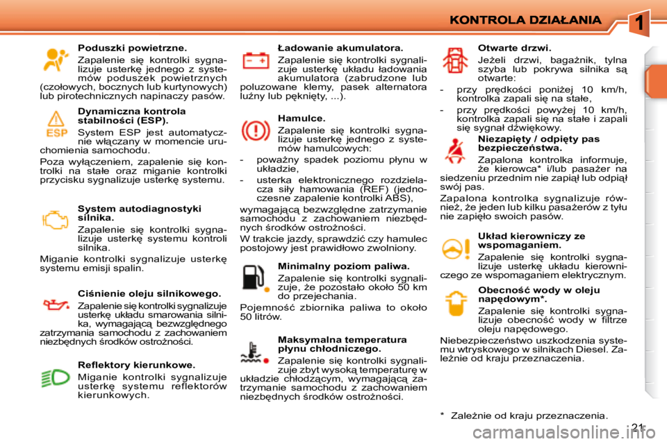 PEUGEOT 207 2007.5  Instrukcja obsługi (in Polish) 21
� � �P�o�d�u�s�z�k�i� �p�o�w�i�e�t�r�z�n�e�.�  
� �Z�a�p�a�l�e�n�i�e�  �s�i
�  �k�o�n�t�r�o�l�k�i�  �s�y�g�n�a�- 
�l�i�z�u�j�e�  �u�s�t�e�r�k
�  �j�e�d�n�e�g�o�  �z�  �s�y�s�t�e�-
�m�ó�w�  �p�o�