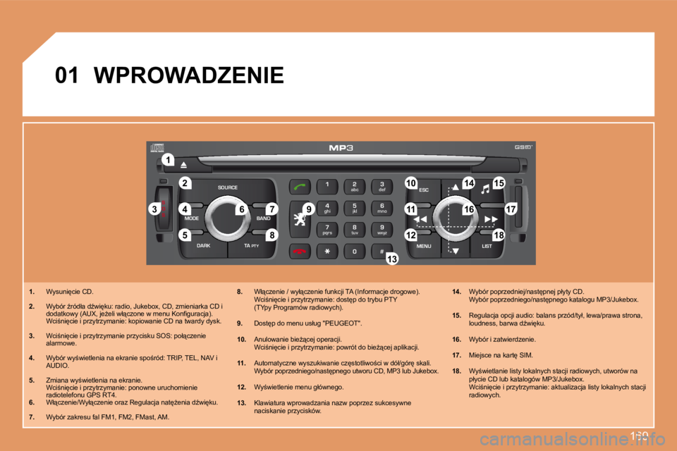 PEUGEOT 207 2007.5  Instrukcja obsługi (in Polish) 169
S
O S
SOURCE
MODE BAND ESC
2
abc
5
jkl
8
tuv 3
def
6
mno
9
wxyz
1 4
ghi
7
pqrs
0 # MENU LIST
TA 
PTY
DARK
2
1
5
3 4
89 10 15
11 �1�7
18
12 16
14
�7
6
13
01
1. �  �W�y�s�u�n�i
�c�i�e� �C�D�.
2. � 