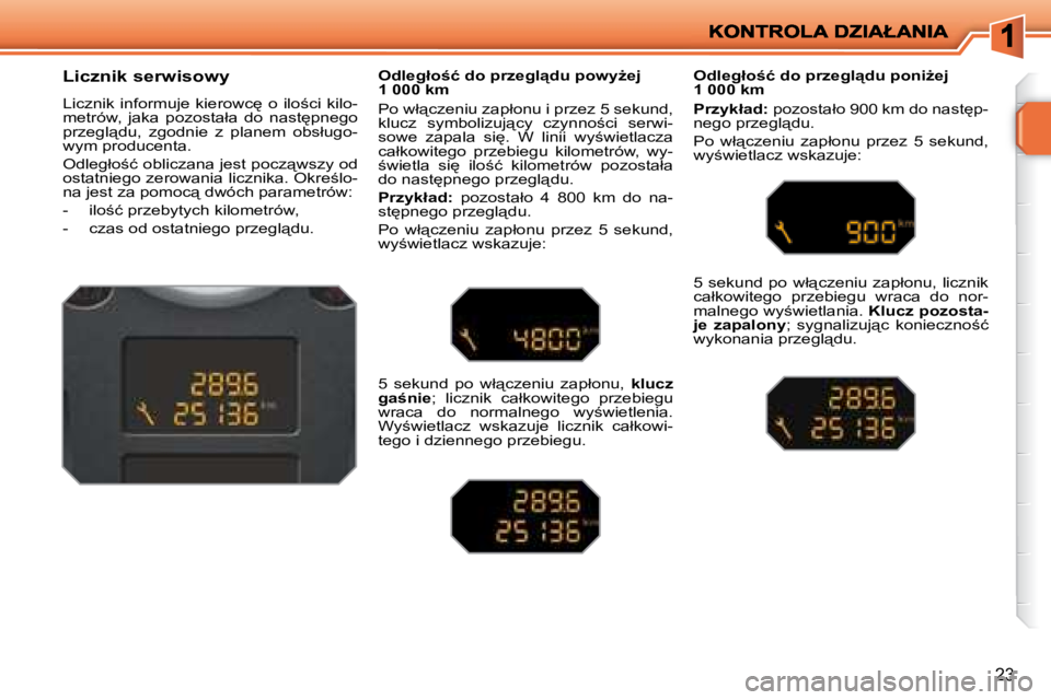 PEUGEOT 207 2007.5  Instrukcja obsługi (in Polish) 23
� � � � � � � � �L�i�c�z�n�i�k� �s�e�r�w�i�s�o�w�y�  
� �L�i�c�z�n�i�k�  �i�n�f�o�r�m�u�j�e�  �k�i�e�r�o�w�c
�  �o�  �i�l�o;�c�i�  �k�i�l�o�- 
�m�e�t�r�ó�w�,�  �j�a�k�a�  �p�o�z�o�s�t�a�ł�a�  �
