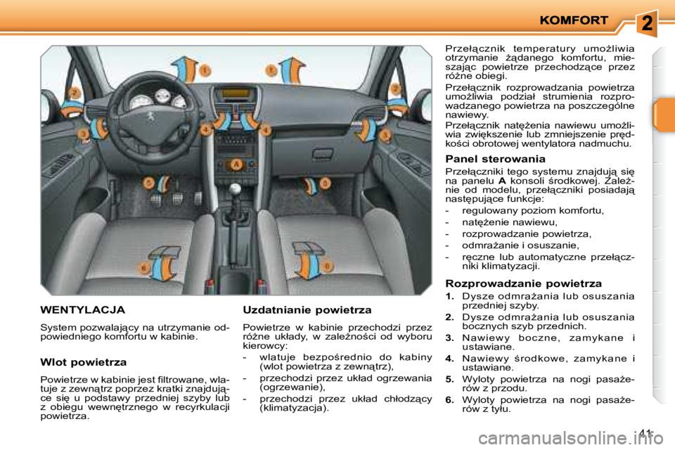PEUGEOT 207 2007.5  Instrukcja obsługi (in Polish) 41
       WENTYLACJA 
� �S�y�s�t�e�m� �p�o�z�w�a�l�a�j"�c�y� �n�a� �u�t�r�z�y�m�a�n�i�e� �o�d�- 
�p�o�w�i�e�d�n�i�e�g�o� �k�o�m�f�o�r�t�u� �w� �k�a�b�i�n�i�e�.�   Uzdatnianie powietrza  
� �P�o�w